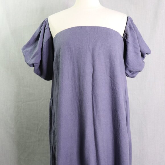 Free People Julietta Off Shoulder Maxi Dress S Blue Granite Linen Puff Sleeve - Picture 7 of 16